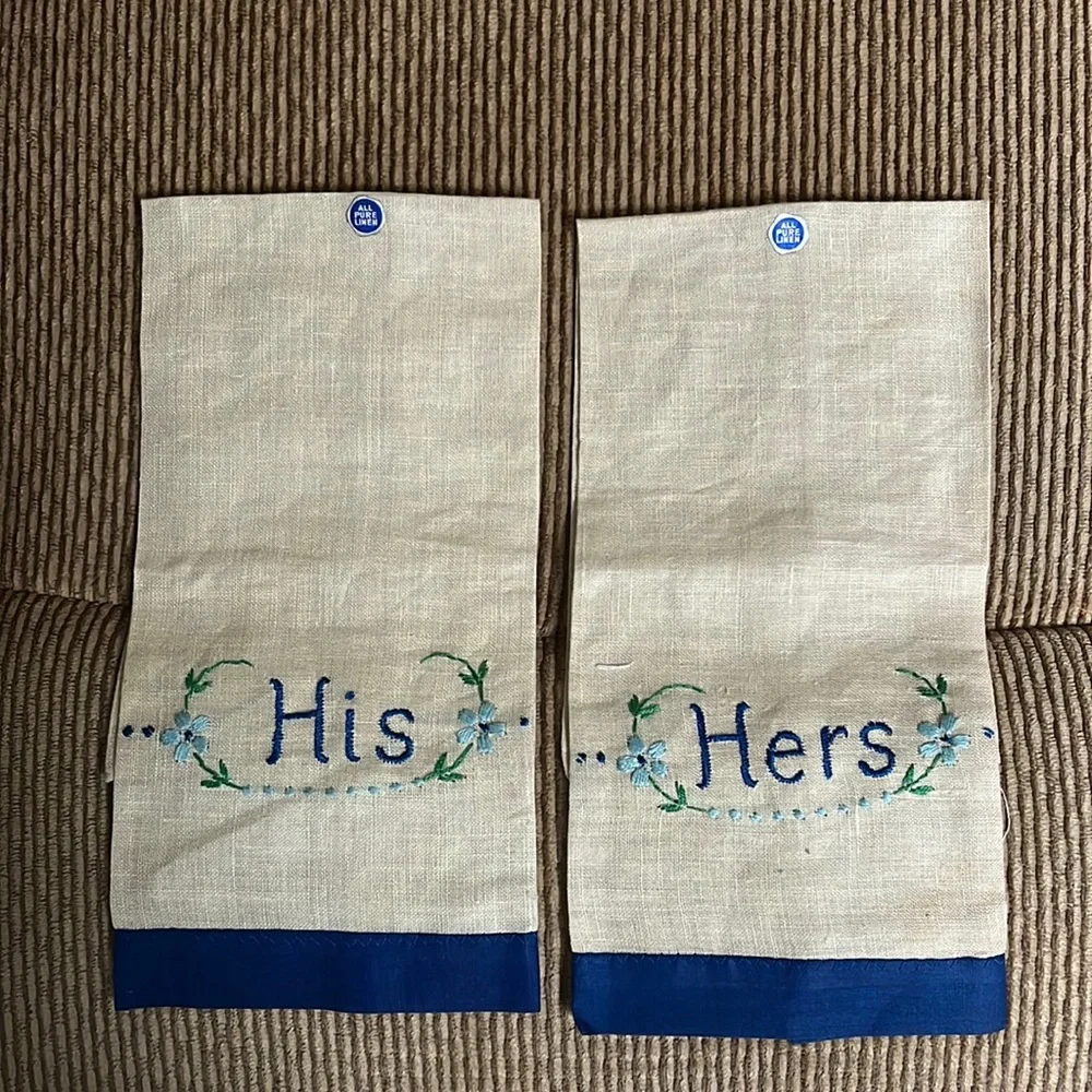 NEW OLD STOCK Vintage Embroidered His & Hers Hand Towels Pure Linen Blue Floral